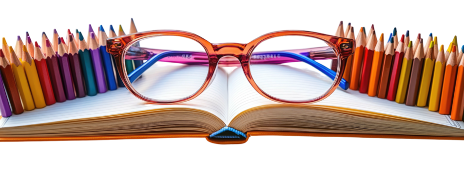 Book and glasses, colorful pencils framing