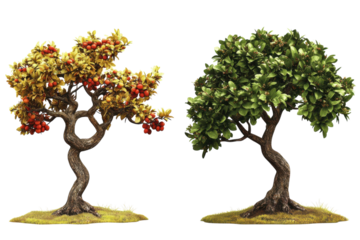 Two trees one with red berries and one with green leaves