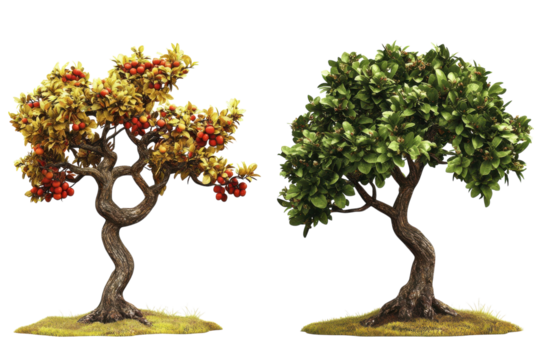 Two trees one with red berries and one with green leaves