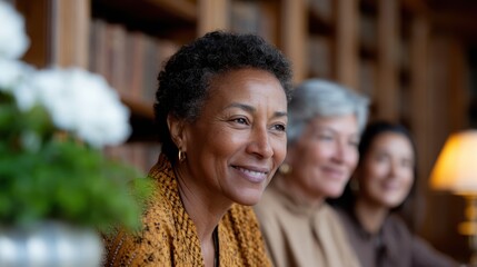 diverse book club, african american book club members discuss black literature and history in a cozy library with warm lighting, rich color palette, and diverse skin tones