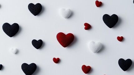 Flat lay of multiple heart-shaped objects arranged in a scattered manner on a white background. the hearts are of different sizes and colors, including black, white, and red.