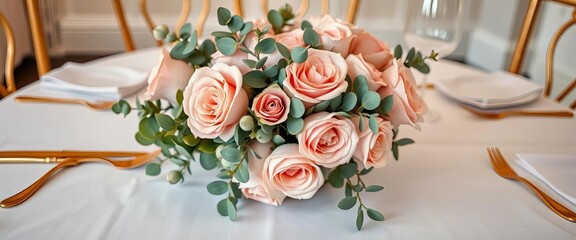 Elegant blush pink roses & eucalyptus centerpiece on a white linen tablecloth, gold cutlery,  summer,   cutlery