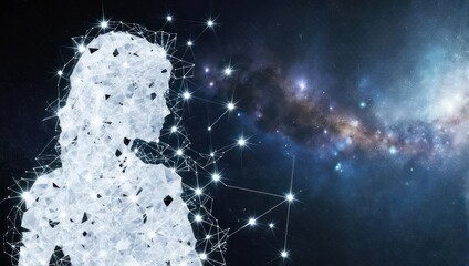 Obraz premium Silhouette of a person composed of crystalline structures, connected, with a cosmic galaxy backdrop