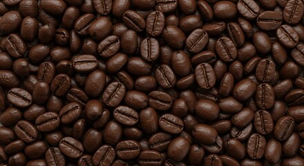 Fototapeta premium Closeup overhead view of roasted coffee beans, showcasing their rich texture and deep brown color