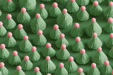 Rows of stylized green trees with pink tops a whimsical and decorative pattern for backgrounds and designs