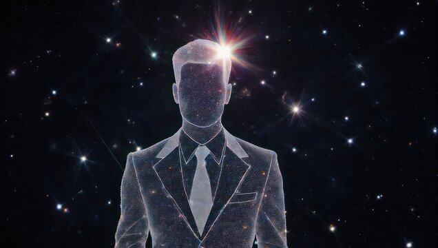 Silhouette of a person, suit, and tie, head illuminating as cosmos background