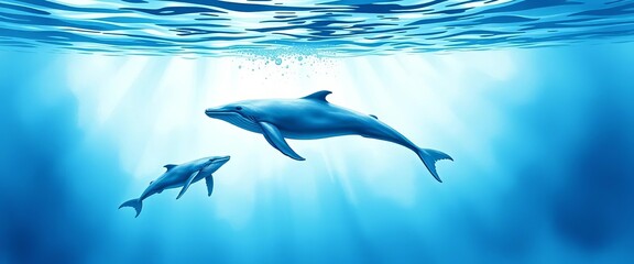 Serene watercolor whales swimming in ocean depths, blue & teal hues,  ocean, watercolor