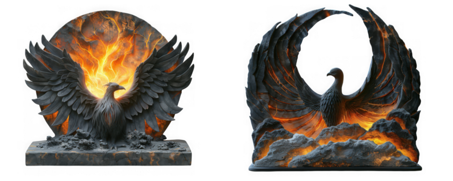 A mythical phoenix sculpture rising from flames and embers, with outstretched wings, isolated on transparent background