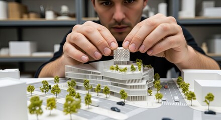 Architect carefully placing a detail on a building model