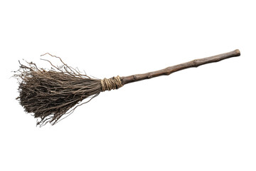 A rustic broom with a wooden handle on a transparent background