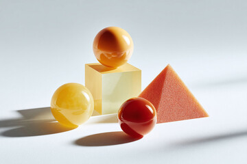 Geometric composition featuring spheres, a cube, and a pyramid in warm tones, showcasing balance and form. Ideal for modern design, architecture, or abstract concepts.