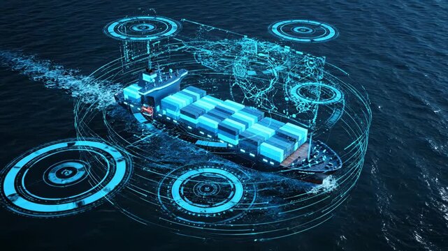 An advanced cargo ship navigates the ocean, surrounded by a futuristic digital interface displaying logistics and tracking data vector illustration