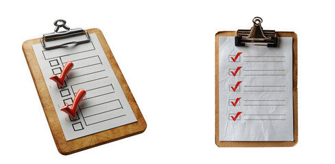 Two clipboards with checklists and red check marks, isolated on transparent background