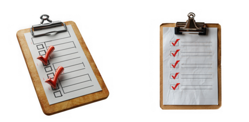 Two clipboards with checklists and red check marks, isolated on transparent background