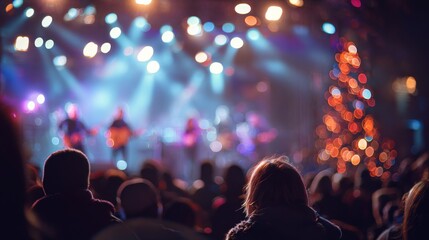 Christmas concert audience, people enjoying music. Blurred bokeh holiday background