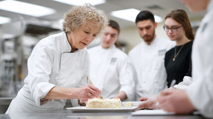 Chef decorating cake with students observing in a professional kitchen. Shows expertise, training, culinary arts and food preparation. Ideal for education, hospitality, and food industry concepts.