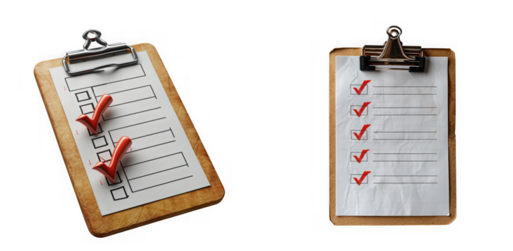 Two clipboards with checklists and red check marks, isolated on transparent background