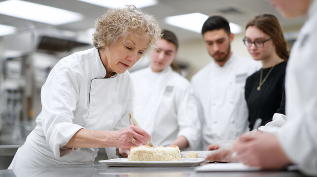 Chef decorating cake with students observing in a professional kitchen. Shows expertise, training, culinary arts and food preparation. Ideal for education, hospitality, and food industry concepts.