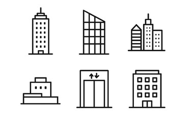 Obraz premium Outline icons of various buildings and structures including skyscrapers and elevator