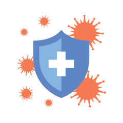 Blue shield with white cross defending against orange virus particles