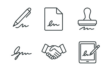 Obraz premium Digital and traditional signature icons: pen, paper, stamp, handshake, tablet