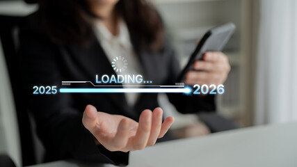Visualizing the shift from 2025 to 2026. Progress bar symbolizing advancement, strategic foresight,...