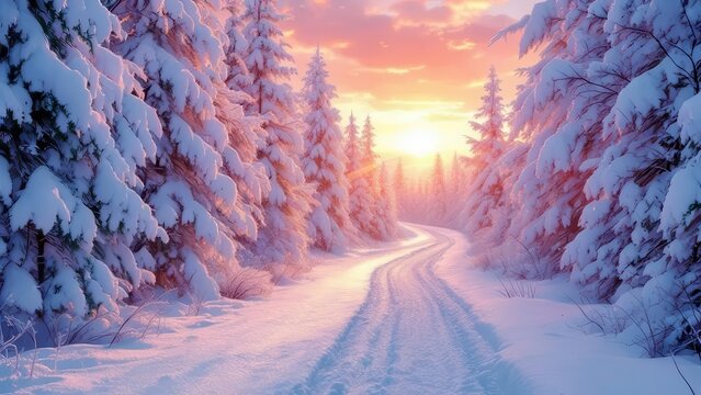 Magical winter sunset forest path glowing soft light through snow covered trees