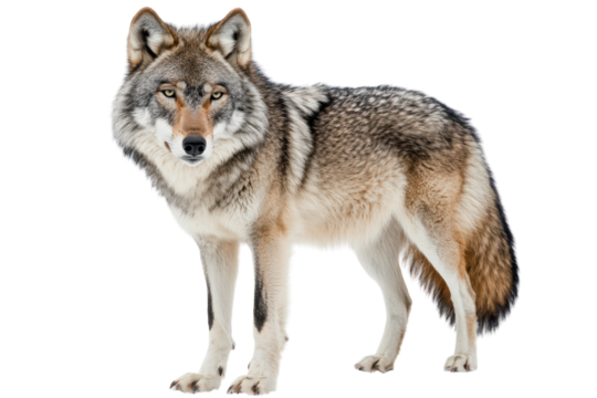 A full body shot of a wolf standing on a transparent background