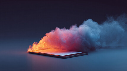 Fiery tablet concept. Illustrates information overload, burnout, or explosive ideas. Great for tech, communication, or abstract themes stunning visuals.
