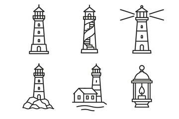Fototapeta premium Minimalist lighthouse collection: iconic towers and lantern line art designs