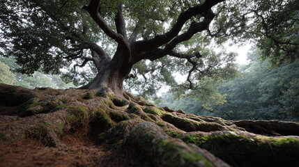Fototapeta premium Majestic tree with expansive roots covered in moss, symbolizing strength, resilience, and deep connections. Ideal for nature, environmental, or metaphorical concepts.