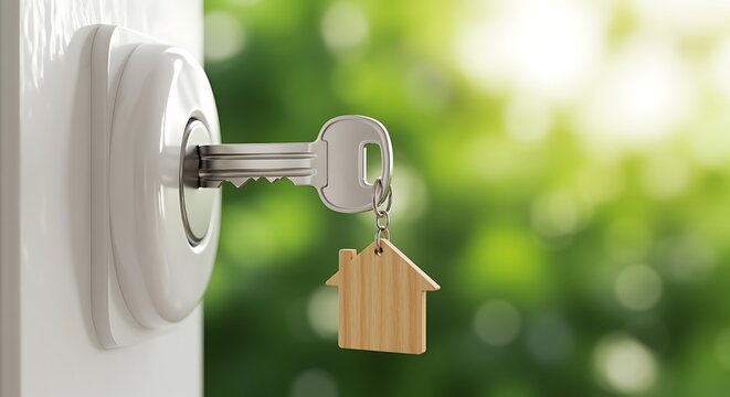 Key with a houseshaped keychain in a door lock, symbolizing home ownership and new beginnings with a blurred green background