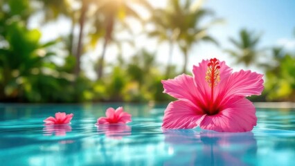 Vibrant pink hibiscus flowers float serenely on a tropical swimming pool surface with palm trees.