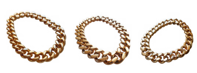 A chunky gold chain necklace displayed in three different angles, showcasing its intricate links and polished shine, isolated on transparent background