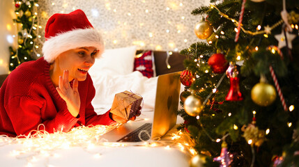 The girl lies on the bed in a red Christmas cap, communicates online. Give gifts, talk on a video call next to the Christmas tree. Christmas garlands, blurred lights, glare. Concept