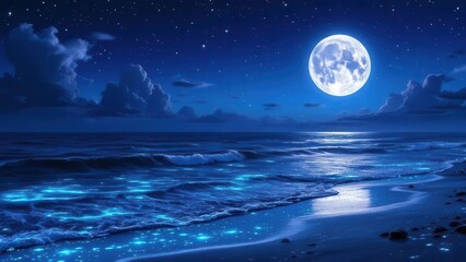 Naklejka premium Tranquil moonlit ocean waves reflecting bright full moon over sea