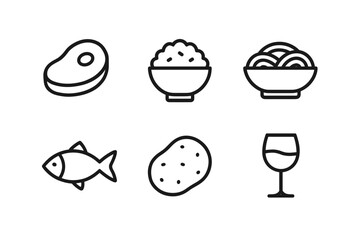 Minimalistic line icons of food: steak, rice, pasta, fish, potato, wine