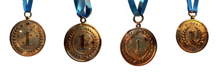 Four golden medals with blue ribbons hanging, isolated on transparent background