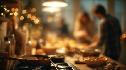 Holiday cooking scene. Family preparing dinner. Christmas kitchen decorations. Blurred background