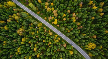 Aerial view of a winding road through a vibrant autumn forest with green and yellow trees, showcasing natures beauty and a journey