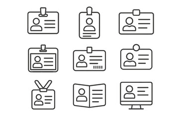 Set of diverse id card icons displaying personal information in minimalist style