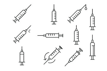 Collection of medical syringes in various positions and angles