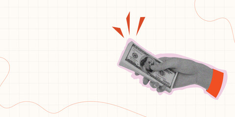 Hand giving money trending collage design . conceptary vector design