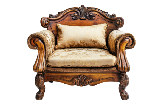 Ornate wooden armchair with cushion isolated on transparent background