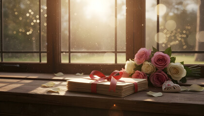  A stack of nostalgic love letters tied with a ribbon, placed next to a bouquet of fresh roses on a wooden windowsill. 