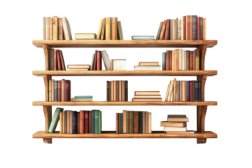 Books on a wooden bookshelf with three shelves full books