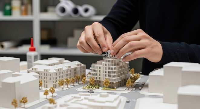 Architect meticulously assembling a detailed building model for urban planning project