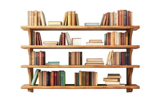 Books on a wooden bookshelf with three shelves full books