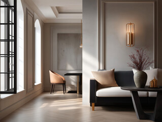 Aesthetic beautiful elegant  modern luxury interior design. Clear mock up empty wall for decoration in the apartment, painting frame. Copy space in the room.