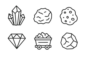 Collection of mineral and gemstone icons in black and white outline design